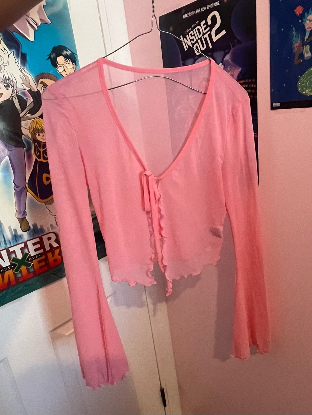 SHEIN Pink Sheer Tie-Front Long Sleeve Tunic